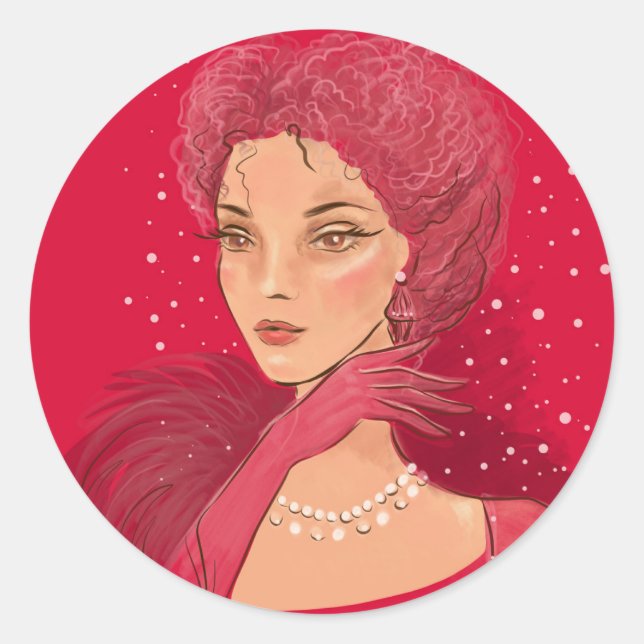 Mode-Illustration stilvolle Frau mit Perlen Runder Aufkleber (Vorderseite)