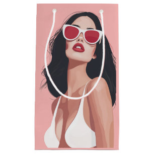Mode Illustration Stilvolle Frau mit Sonnenbrille Kleine Geschenktüte