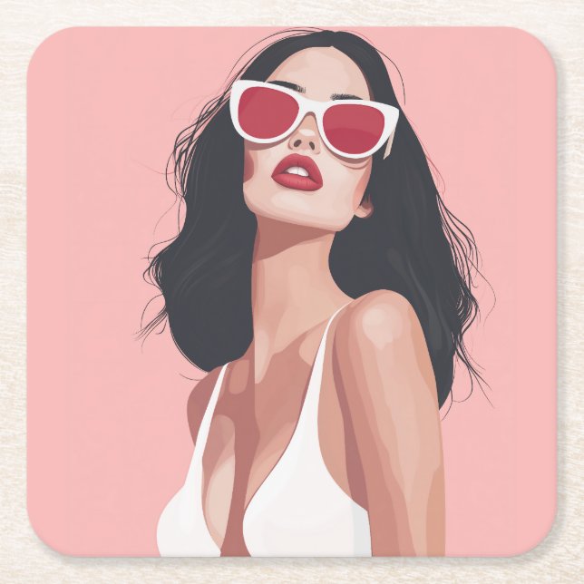 Mode Illustration Stilvolle Frau mit Sonnenbrille Rechteckiger Pappuntersetzer (Vorderseite)