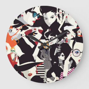 Mode Mädchen Collage: Pop-Art Große Wanduhr