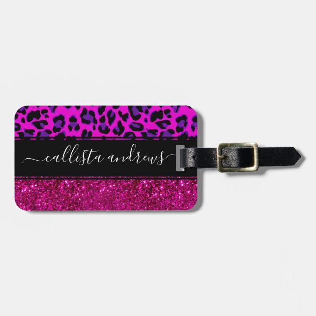 Mode Moderner rosa Lila Glitzer Leopard.        Gepäckanhänger (Vorderseite horizontal)