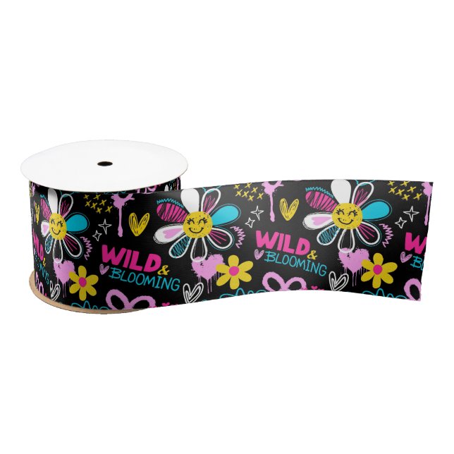 Mode Smiley-Blumen-Graffiti-Muster Satinband (Spule)
