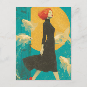 Mode und Goldfish Red Hair Lady Black Dress Postkarte