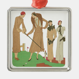 Modebewusste Damen der 20er Jahre spielen Golf Ornament Aus Metall
