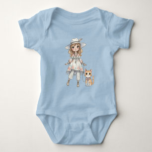 Modebewusstes Mädchen, das mit ihrer Katze spazier Baby Strampler