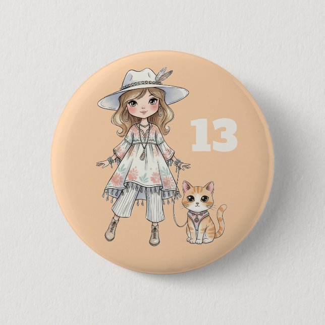 Modebewusstes Mädchen, das mit ihrer Katze spazier Button (Vorderseite)