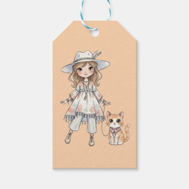 Modebewusstes Mädchen, das mit ihrer Katze spazier Geschenkanhänger (Vorderseite)
