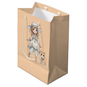 Modebewusstes Mädchen, das mit ihrer Katze spazier Mittlere Geschenktüte