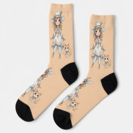 Modebewusstes Mädchen, das mit süßer Katze spazier Socken