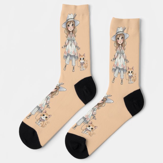 Modebewusstes Mädchen, das mit süßer Katze spazier Socken (Linkes Detail)
