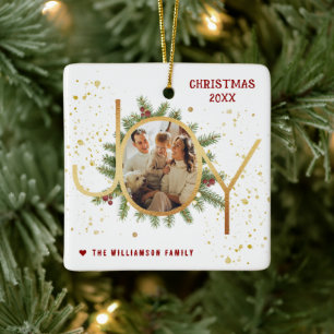 Modefrohe Kiefernzweig-Kranz Weihnachtsfoto Keramikornament