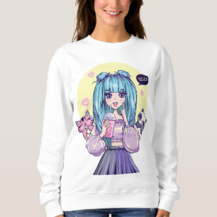 Modeikone: Blauhaariges Mädchen mit Panda und Katz Sweatshirt