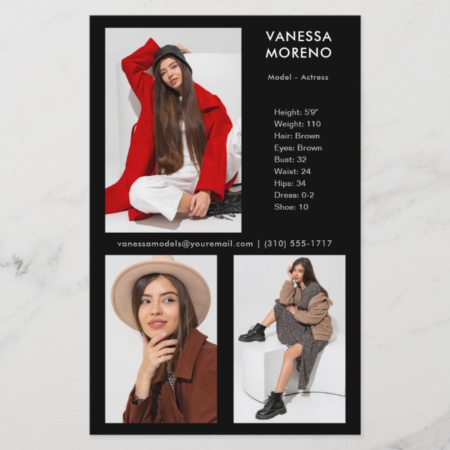 Model Actor Comp Card 3 Foto Schwarzer Flyer (Vorderseite)