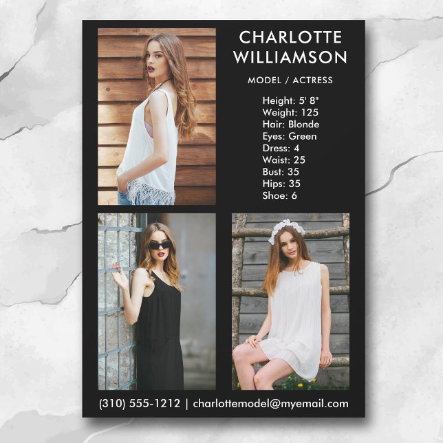 Modèle Actor 3 Carte photo Comp 5x7 noir (Available in high quality print or digital download for quick messaging, email or self printing.)