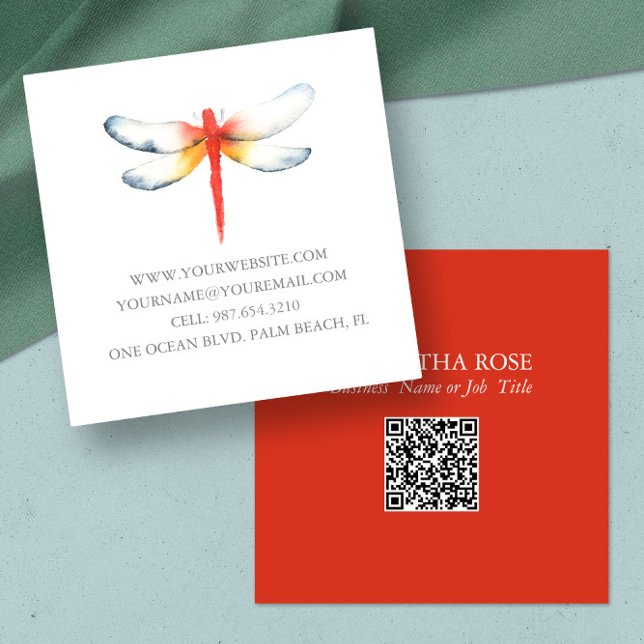 Modèle carte de visite Aquarelle rouge (Red dragonfly business cards feature unique watercolor art by Victoria Grigaliunas, Do Tell A Belle)