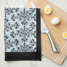 Modèle Damas noir sur serviette de cuisine gris