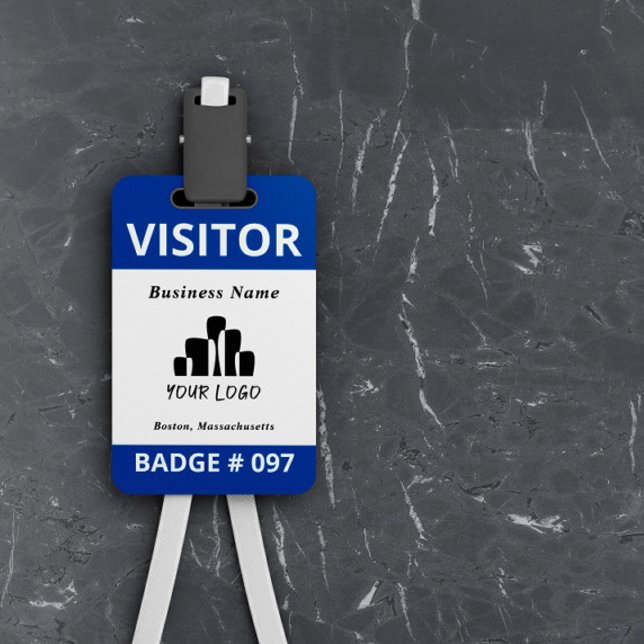 Modèle de badge de logo de visiteur blanc bleu pro (Créateur téléchargé)