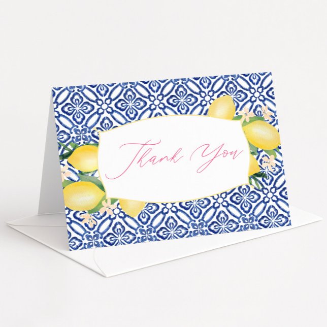 Modèle de carreaux blancs bleus de citrons d'aquar (Lemons blue tiles bridal shower thank you card)