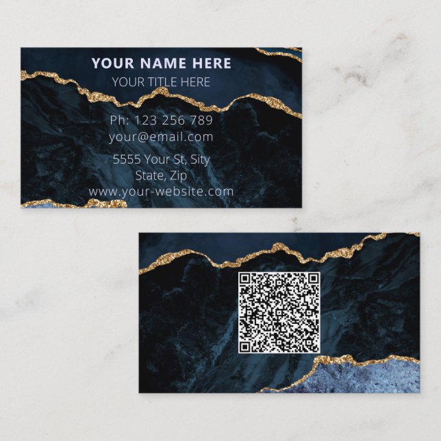 Modèle de carte de visite bleu marine avec code QR (Devant / Derrière)