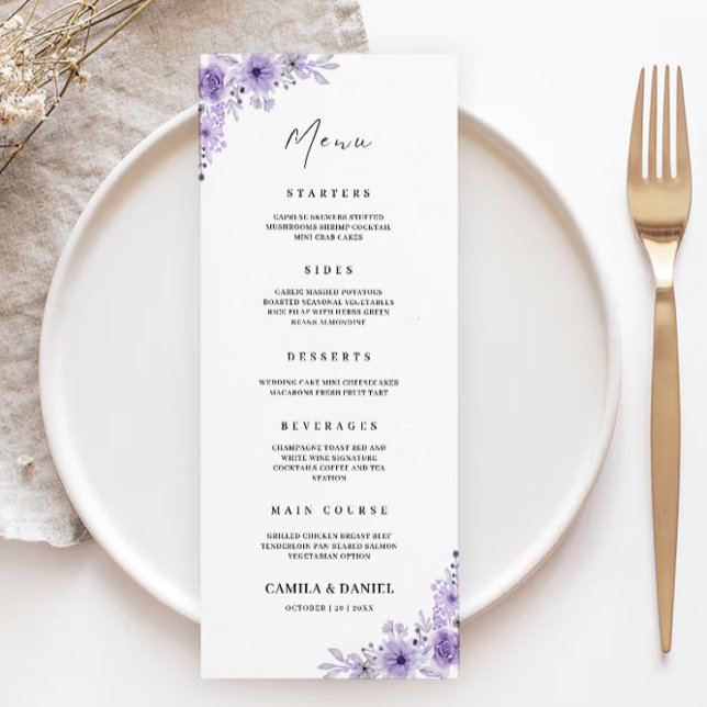 Modèle de cartes de menu Mariage violet (Purple Wedding Menu Cards Template)