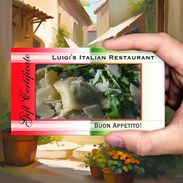 Modèle de certificat cadeau de restaurant italien (Gift certificate template for an Italian restaurant in the colors of the Italian flag - QR code)
