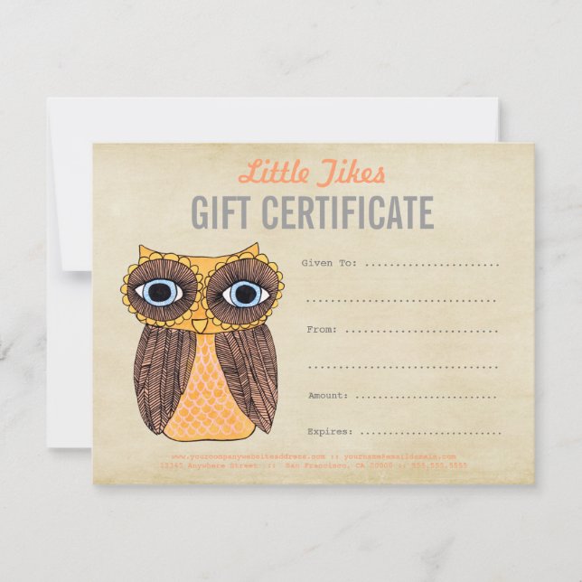 Modèle de certificat cadeau d'entreprise Owl Fashi (Devant)