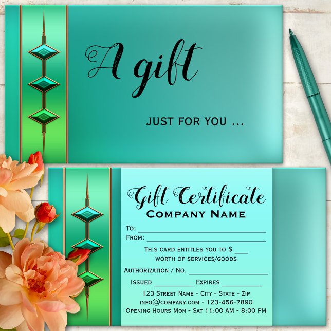 Modèle de certificat cadeau vert Festive Turquoise (Gift certificate business card featuring an artistic design in teal green with turquoise)