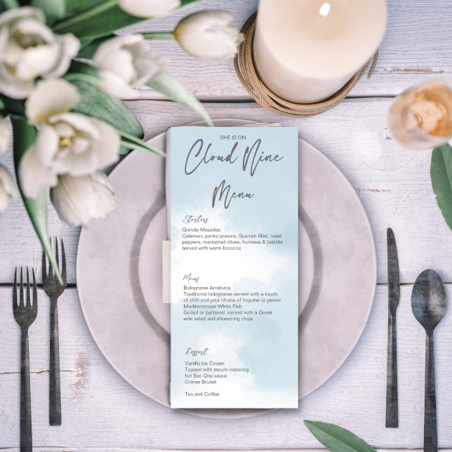 Modèle de douche nuptiale Cloud neuf (Cloud nine bridal shower menu cards template grey modern casual script simple minimalist design)