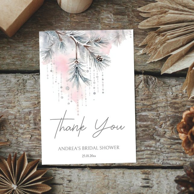 Modèle de douche nuptiale hivernale (Snow in love winter bridal shower template thank you card watercolor pastel snowy pines and crystals)