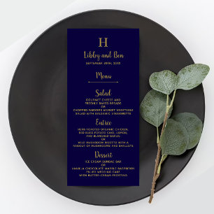Modèle de menu de mariage chic bleu marine et or