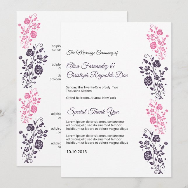 Modèle de programme de ventilateur de mariage flor (Devant / Derrière)