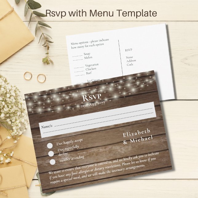 Modèle de réponse RSVP avec menu en bois rustique (Créateur téléchargé)