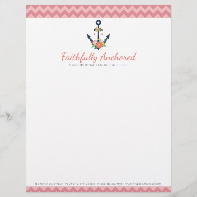 Modèle D'en-tête De Lettre Ancre florale Foi nautique Marine et Coral Chevron (Devant)