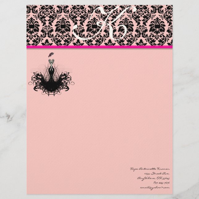 Modèle D'en-tête De Lettre Fashion Diva 2 rose Framboise Monogramme Damas (Devant)