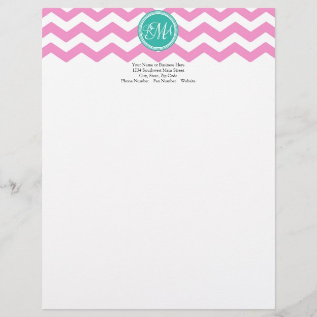 Modèle D'en-tête De Lettre Monogramme Pink et Turquoise Chevron Custom (Devant)