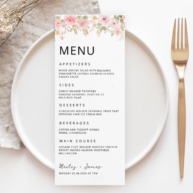 Modèle des cartes de menu Mariage rose (Rose Wedding Menu Cards Template)