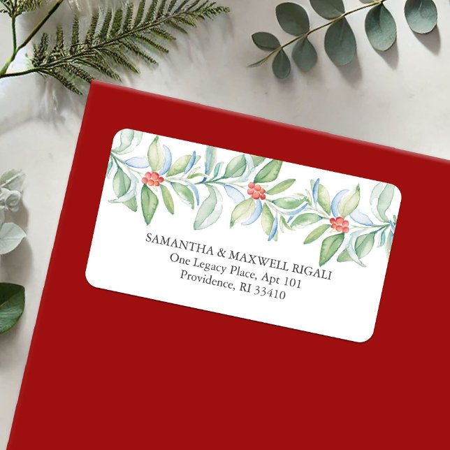 Modèle des étiquettes d'adresse de retour de Noël (Christmas return address label red & green botanical berries watercolor art by Victoria Grigaliunas)