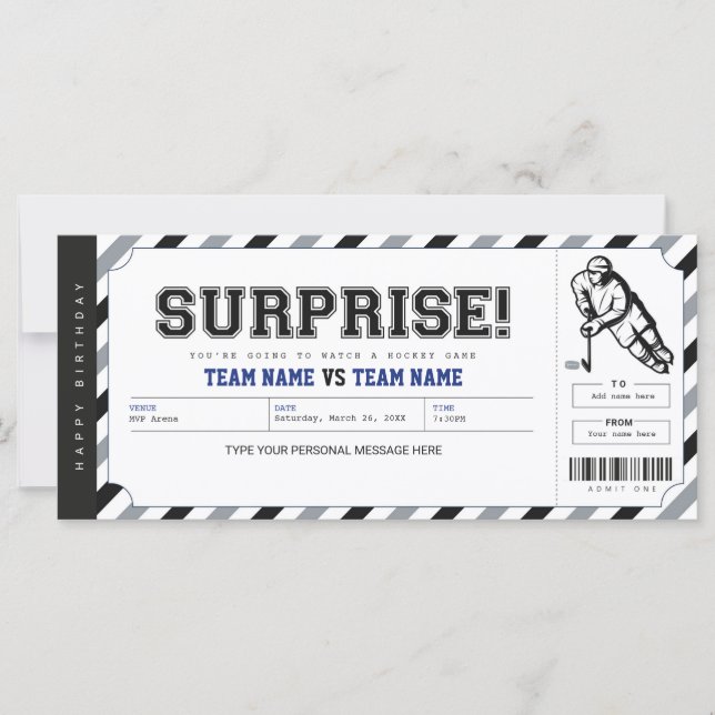 Modèle du billet cadeau de jeu de hockey surprise (Devant)