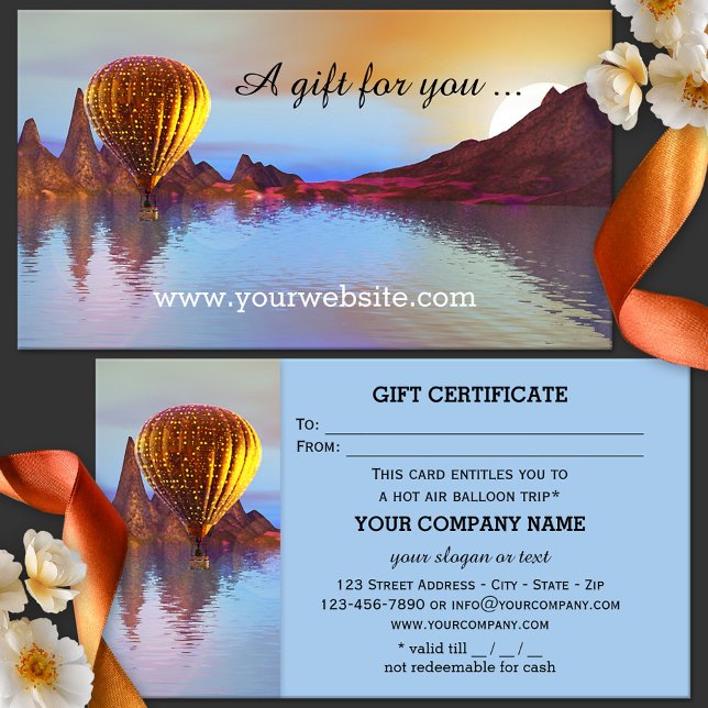 Modèle du certificat cadeau pour le vol à ballon c (Hot air balloon entertainment gift certificate card with fantasy landscape - day trip)