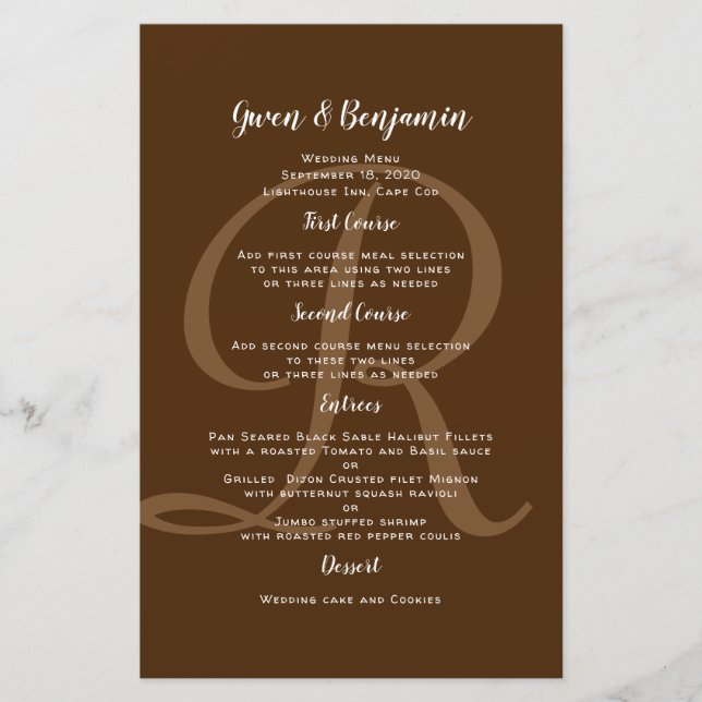 Modèle du menu du Mariage Brown Monogramme (Devant)
