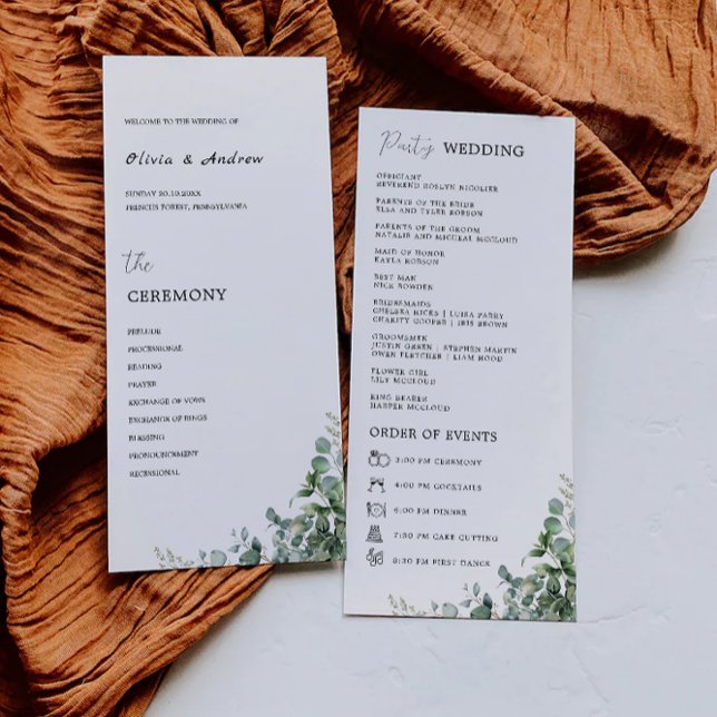 Modèle du programme de cérémonie de Mariage de ver (Greenery Wedding Ceremony Program Template)