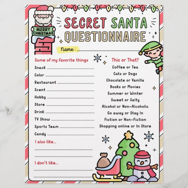 Modèle du questionnaire de Noël Secret Père Noël (Devant)