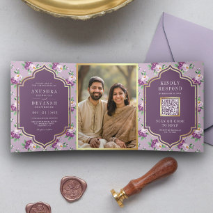 Modèle Floral pourpre QR Code Mariage indien