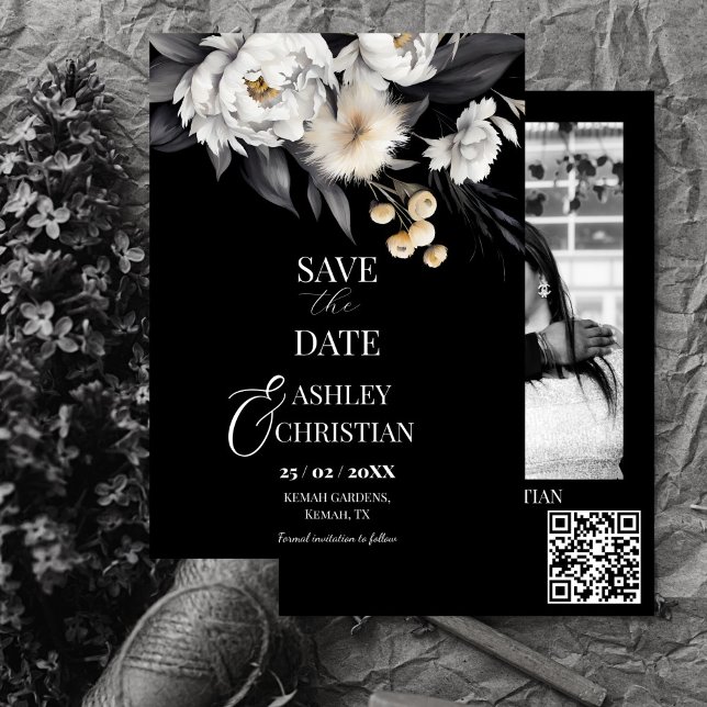 Modèle photo boho noir et blanc (Black and white elegant boho editable photo template save the date modern qr details save the date)