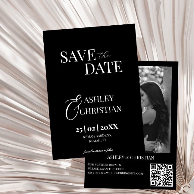 Modèle photo simple, noir et blanc (Black and white simple elegant minimalist photo template save the date card black wedding cards)