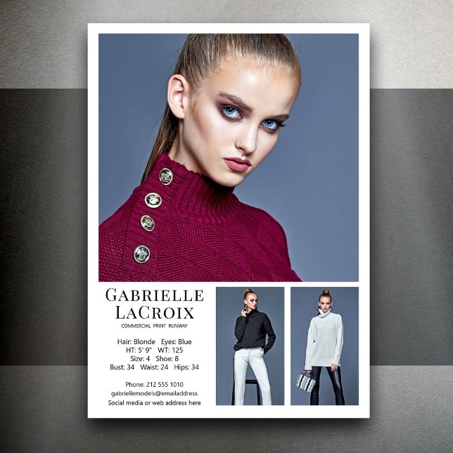 Modell Actor 3 Foto Comp Card Vorlage 12x18 weiß (Available in print or instant digital download for quick messaging, email or self printing.)