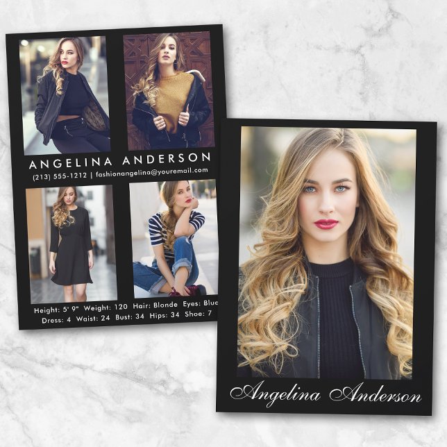 Modell Actor Comp Card Blk - 4 Foto Back - Script (Customize to change background color, text size or text style.)