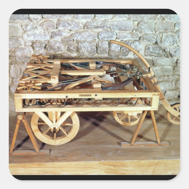 Modell eines mit Federn angetriebenen Fahrzeugs Quadratischer Aufkleber (Vorderseite)