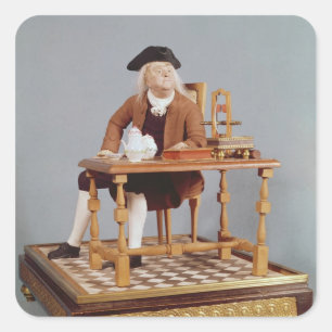 Modell von Benjamin Franklin an seinem Tisch Quadratischer Aufkleber