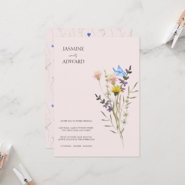 Moden Simple Wildblume Floral Wedding Einladung (Vorderseite/Rückseite Beispiel)